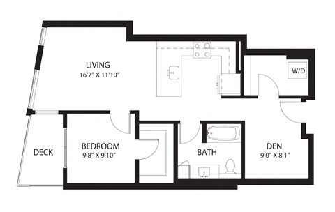 Floor plan for 1 bed, 1 bath, 782 sqft